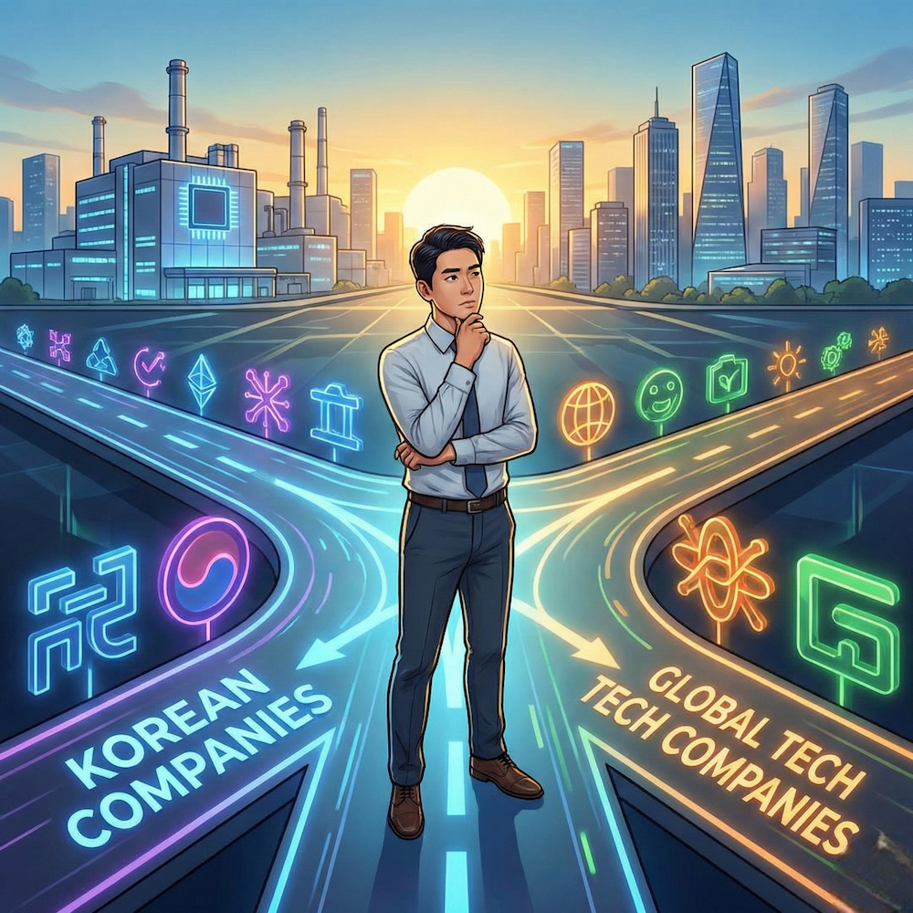 한국 반도체 인재가 글로벌 취업 갈림길에서 고민하는 컨셉 일러스트