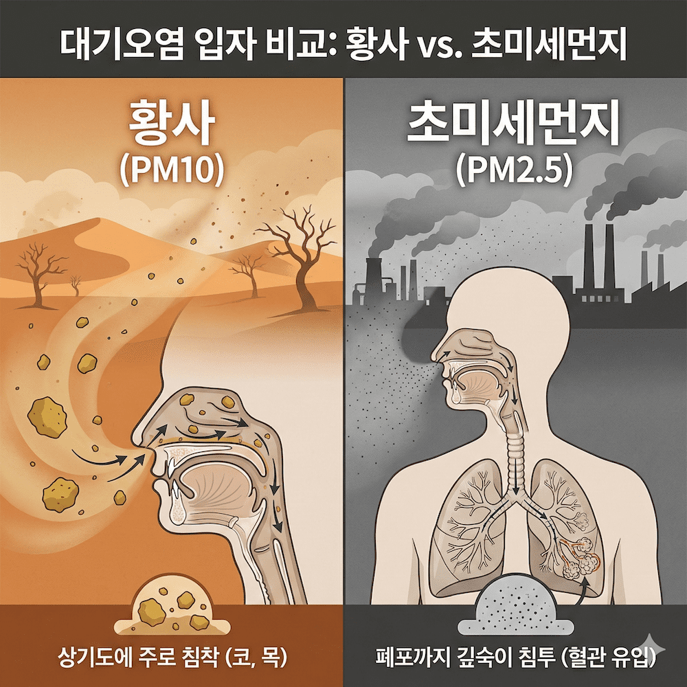 황사와 초미세먼지 차이점 비교 컨셉 일러스트