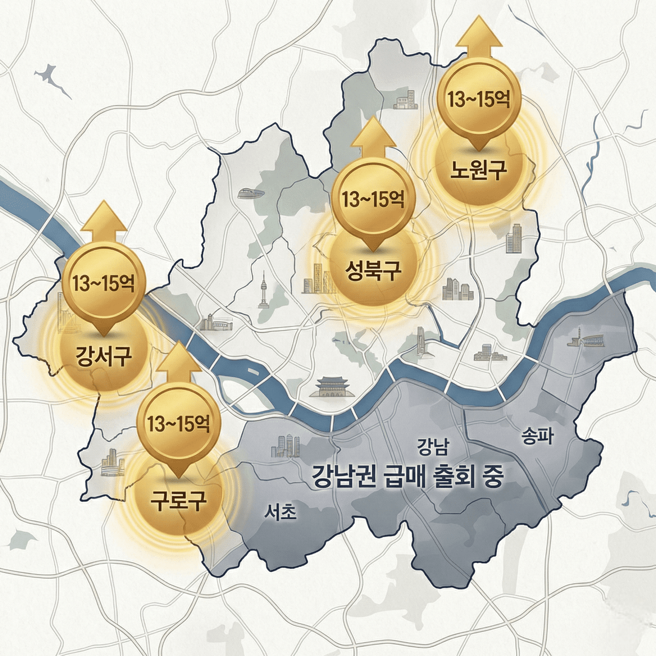 서울 15억 이하 키맞추기 수혜 지역 노원 성북 강서 구로 지도 일러스트