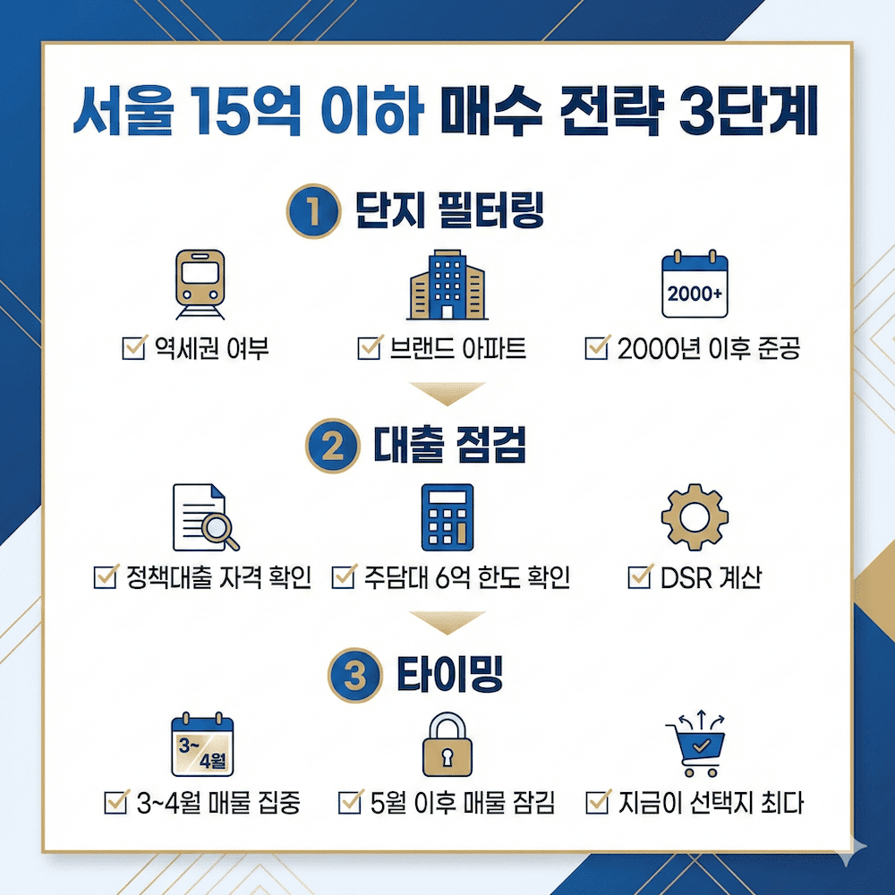 2026년 서울 15억 이하 아파트 매수 전략 3단계 인포그래픽