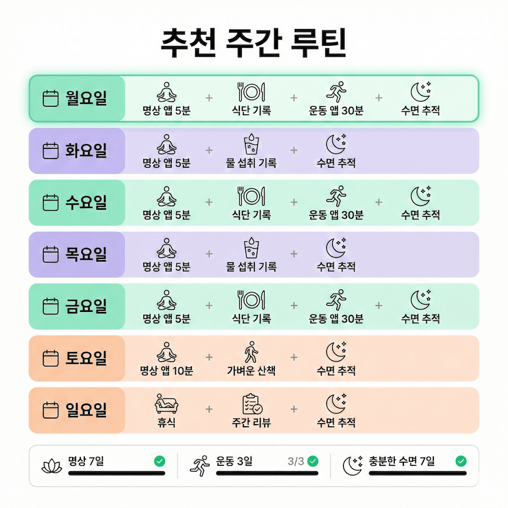 주간 헬스 앱 루틴 인포그래픽