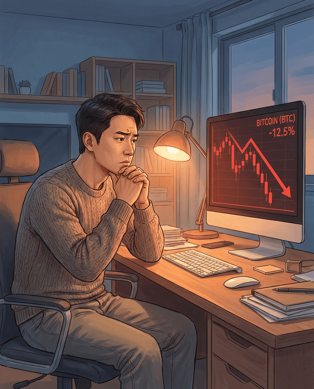 비트코인 급락 차트를 보며 고민하는 투자자