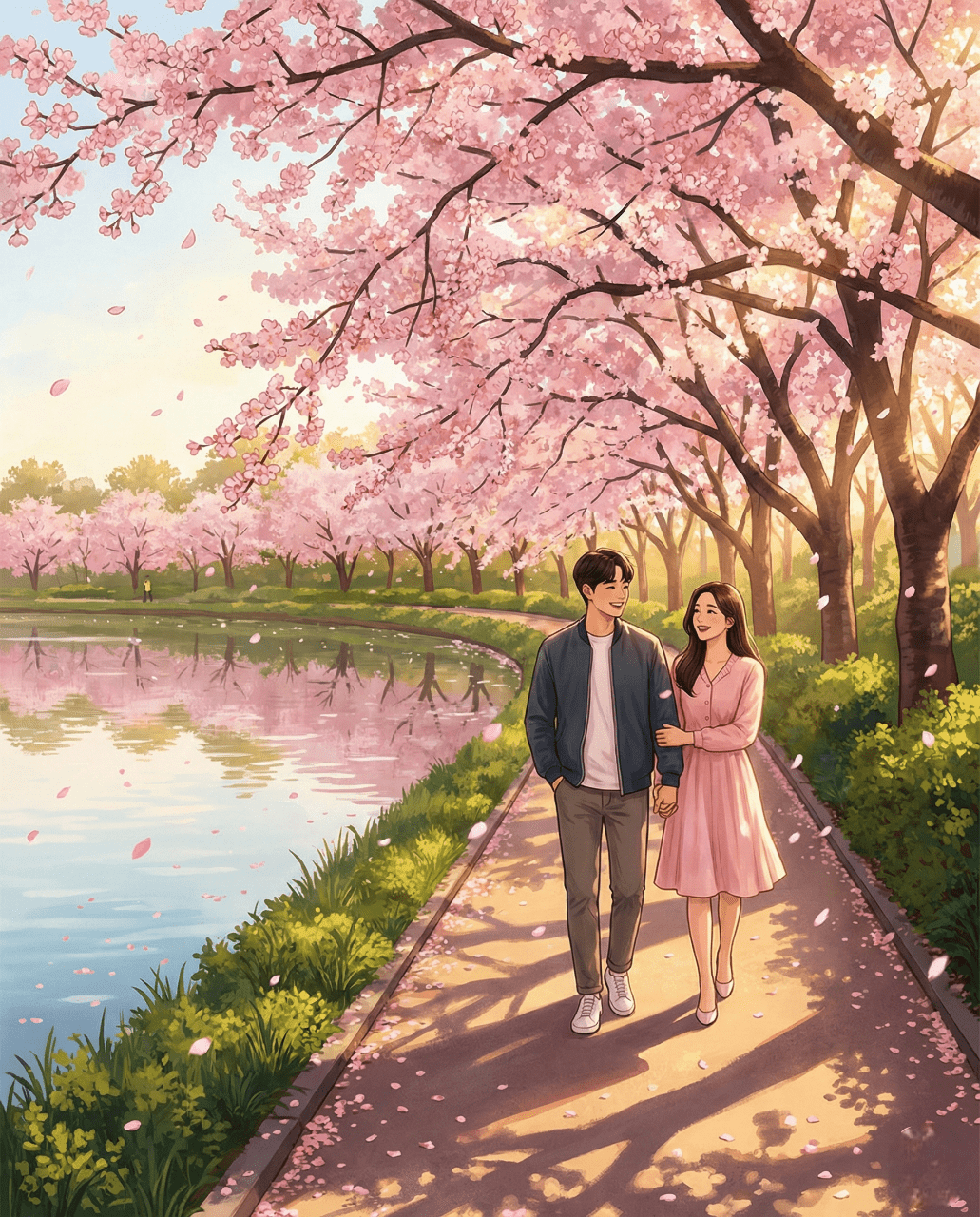 봄날 벚꽃 아래 산책하는 커플