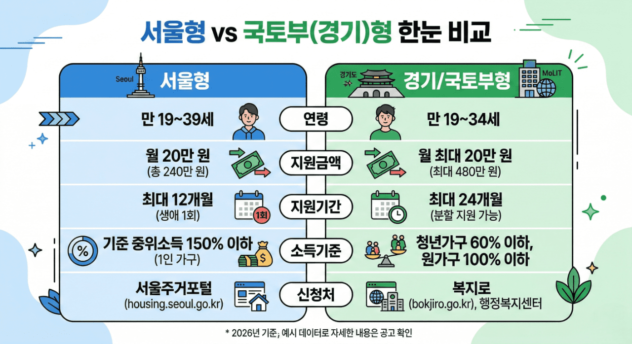 서울 경기 청년월세지원 2026 비교 인포그래픽
