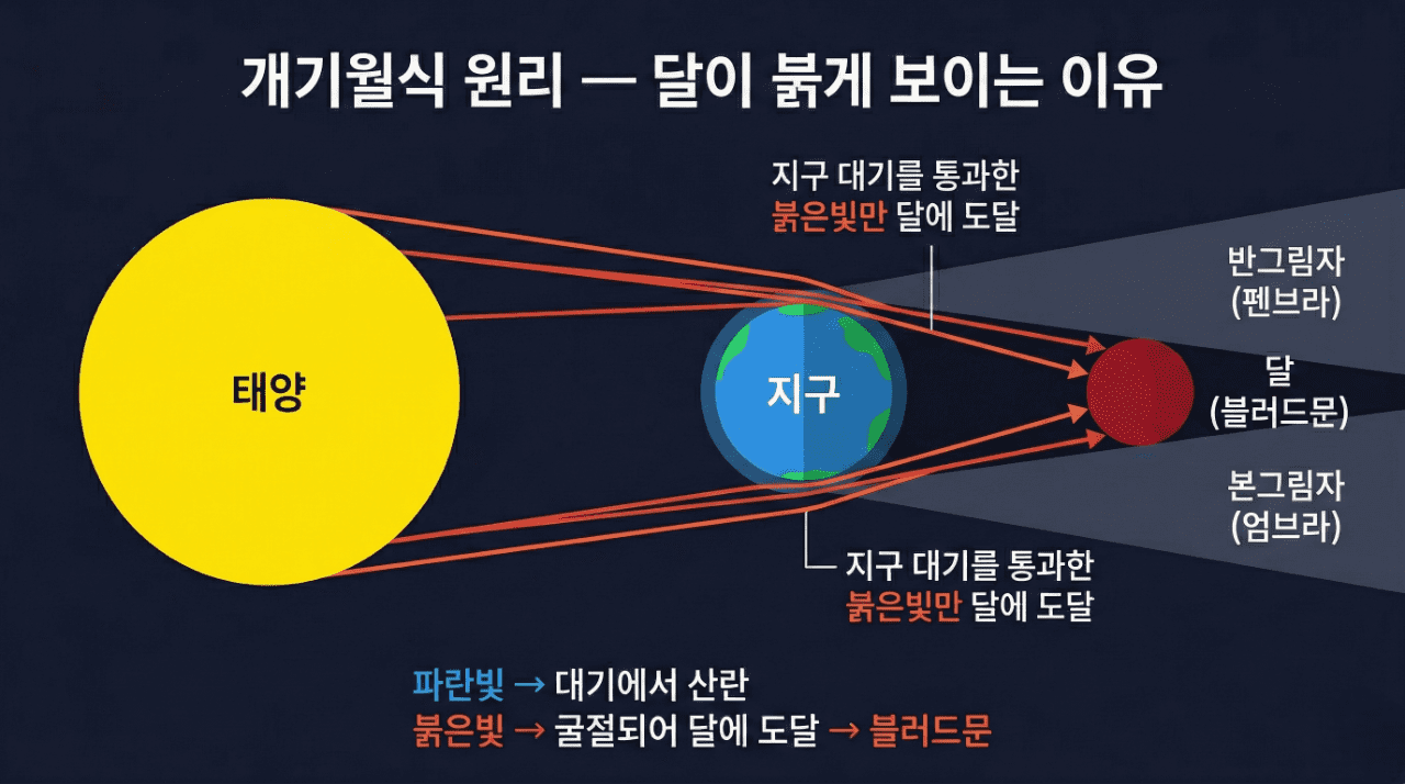 개기월식 원리 블러드문 달이 붉게 보이는 이유 과학 다이어그램