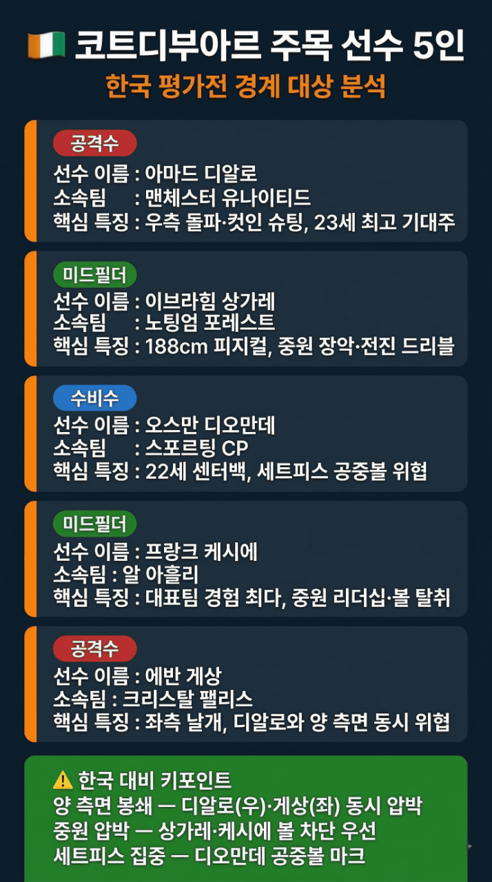 코트디부아르 축구 핵심 선수 5명 인포그래픽