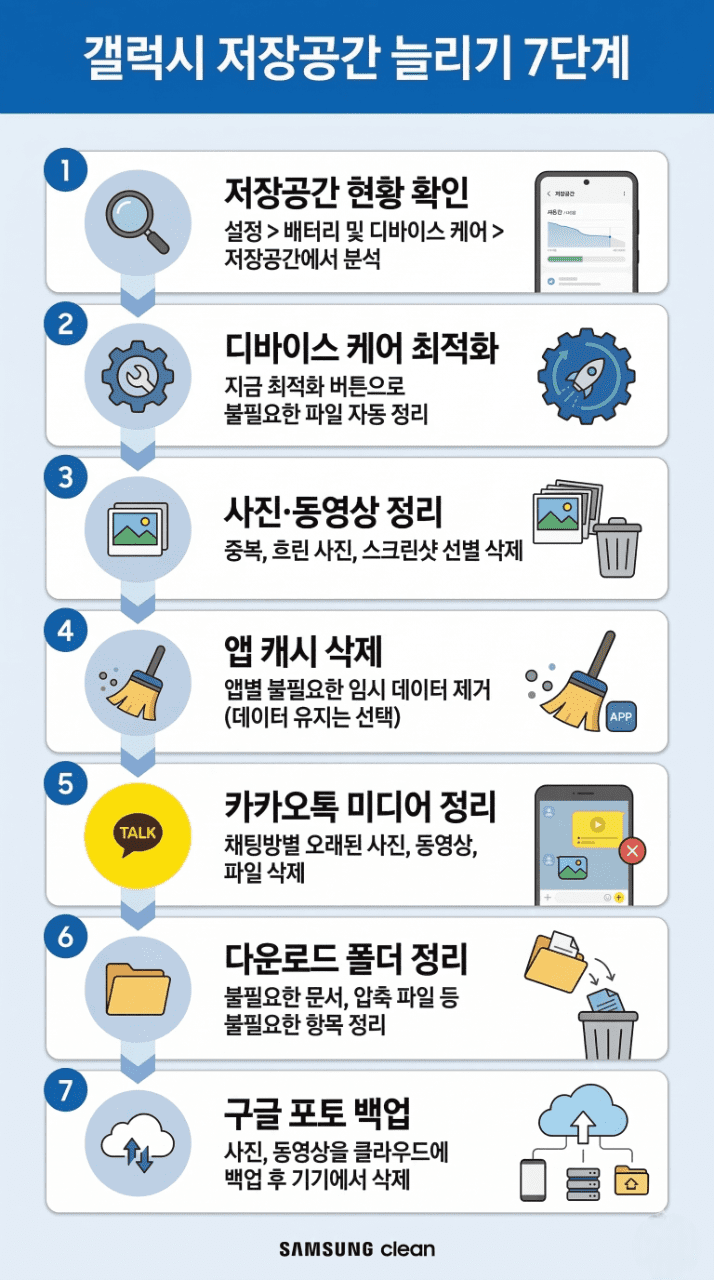 갤럭시 저장공간 늘리기 단계별 방법 인포그래픽