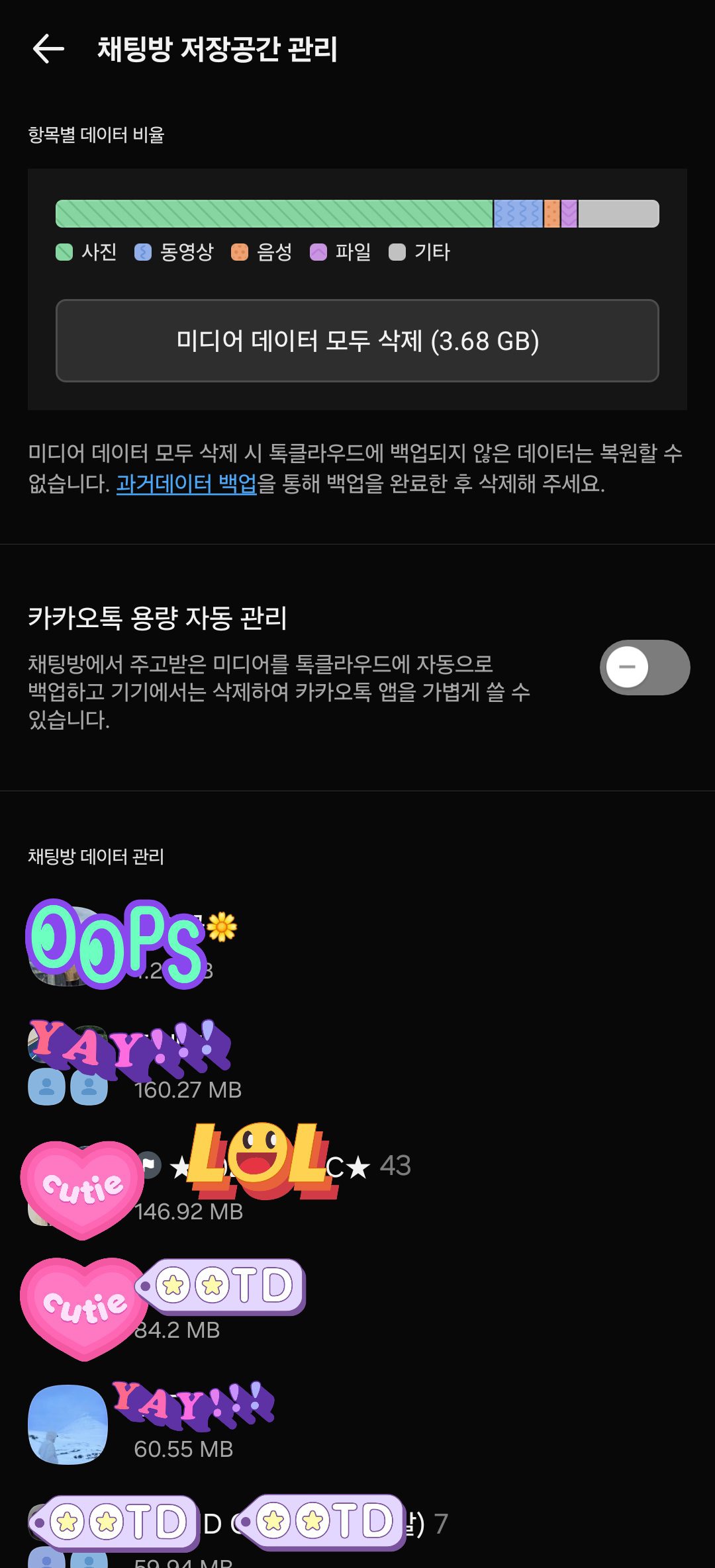 카카오톡 채팅방별 저장공간 관리 화면