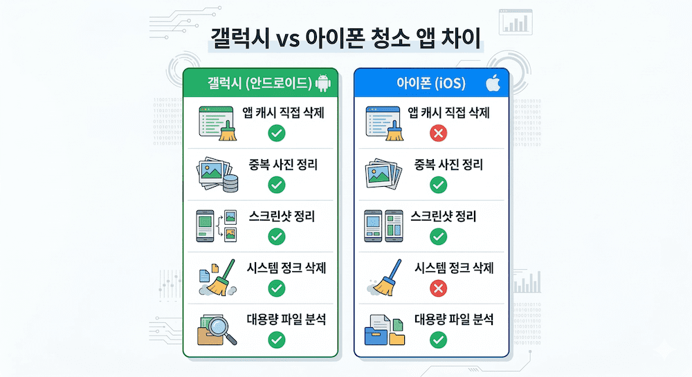 갤럭시 아이폰 청소 앱 효과 비교표