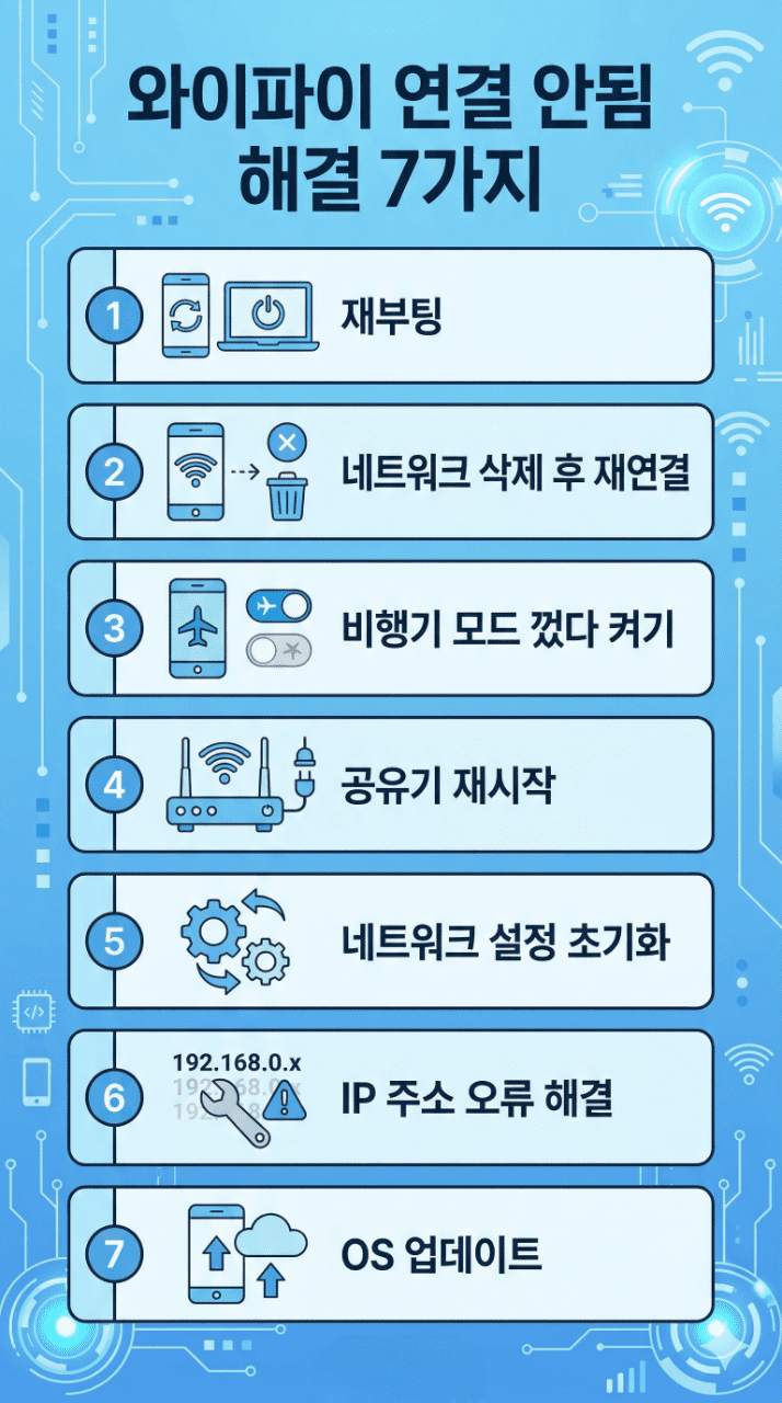 스마트폰 와이파이 연결 안됨 해결 방법 7가지 인포그래픽