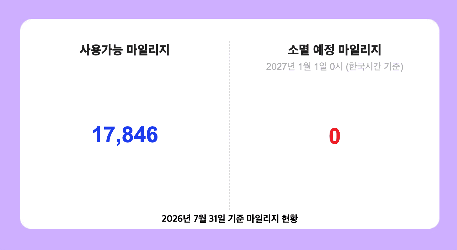 아시아나클럽 마일리지 현황 화면